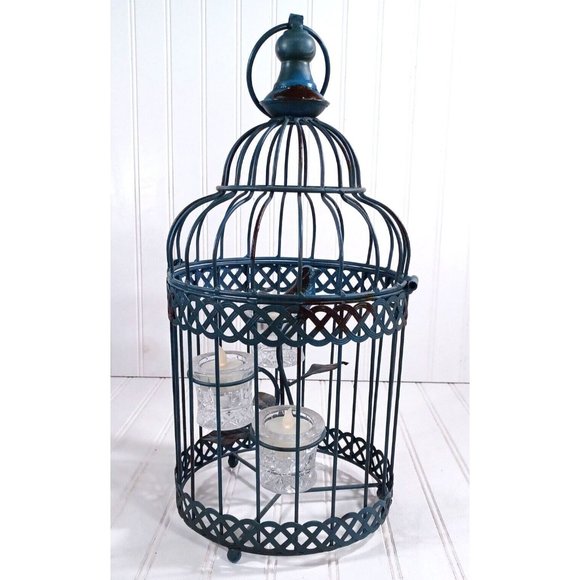 Green 16" Hanging Bird Cage Candelabra Candle Holder Cottage Shabby Chic Decor - Picture 5 of 7